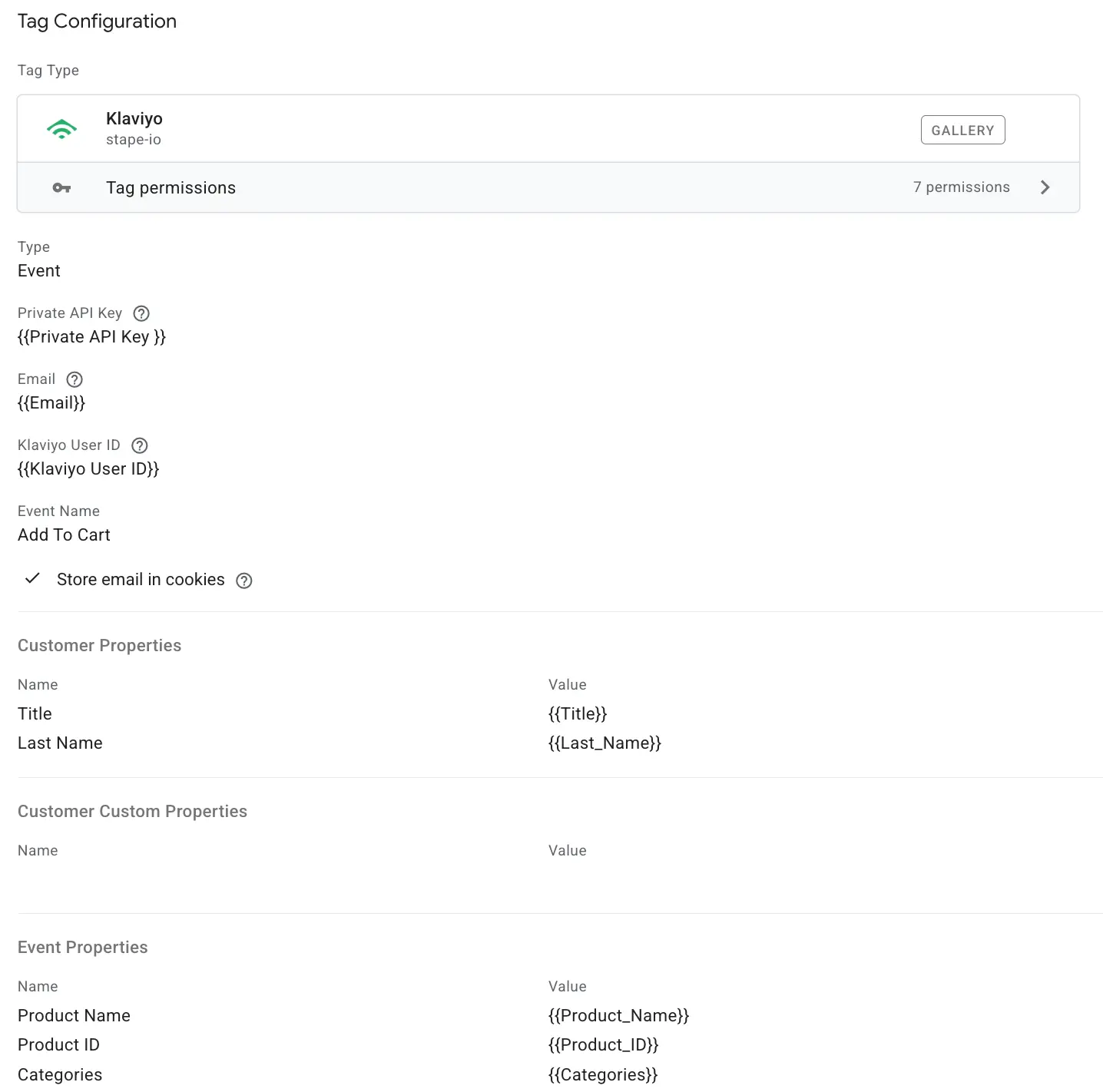 Klaviyo tag configuration example