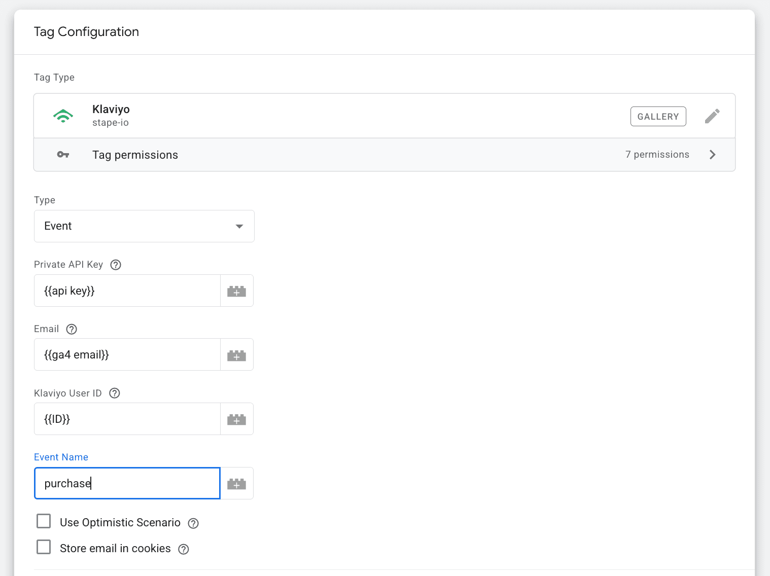 Purchase event setup in Klaviyo tag