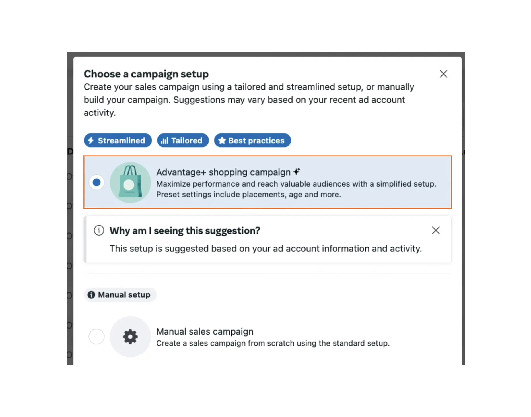 Select "Advantage + shopping campaign"