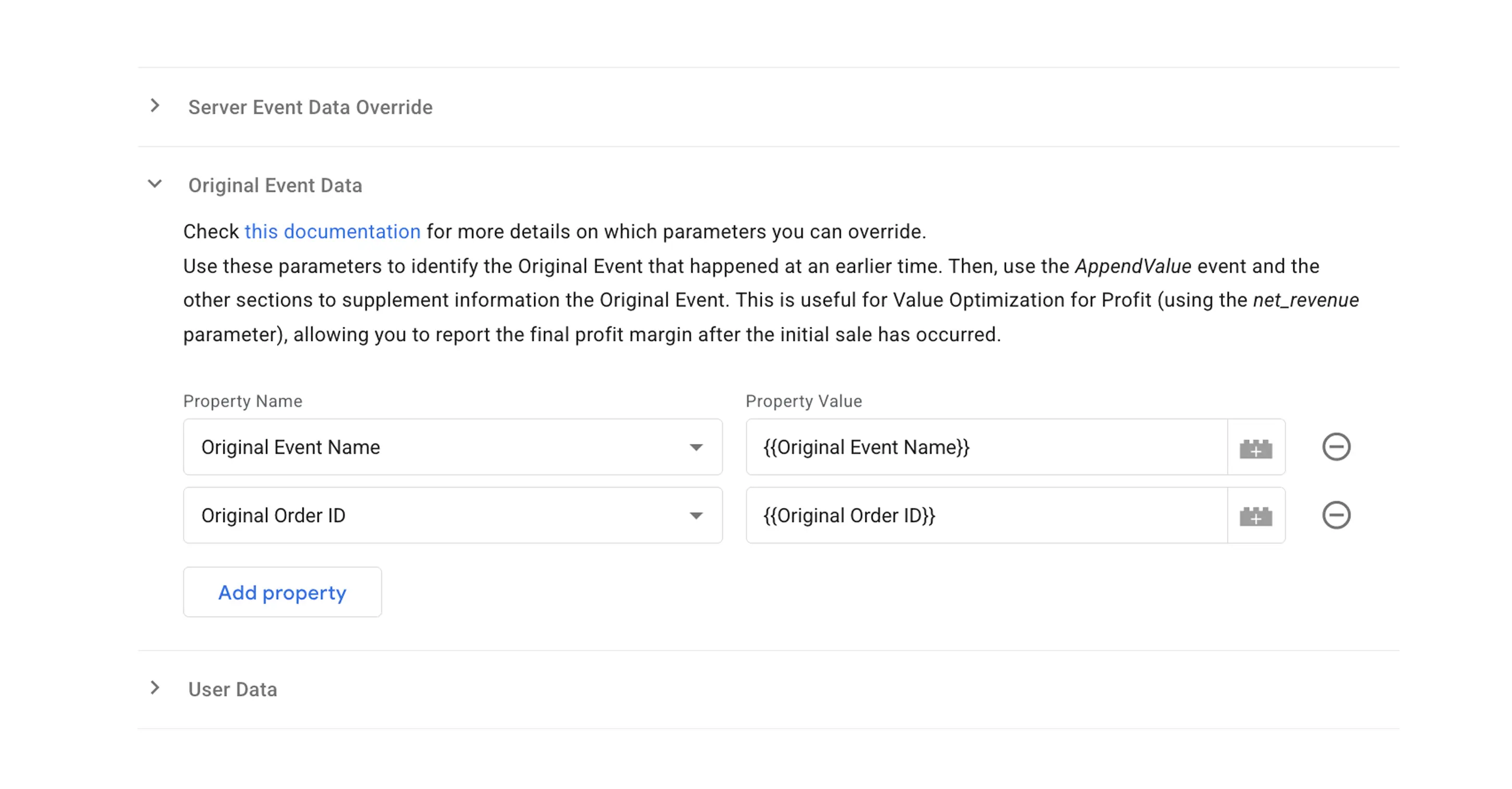 Original Event section configuration in Facebook CAPI tag