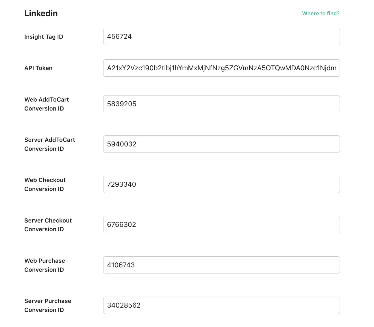 LinkedIn fields configuration for the eCommerce type