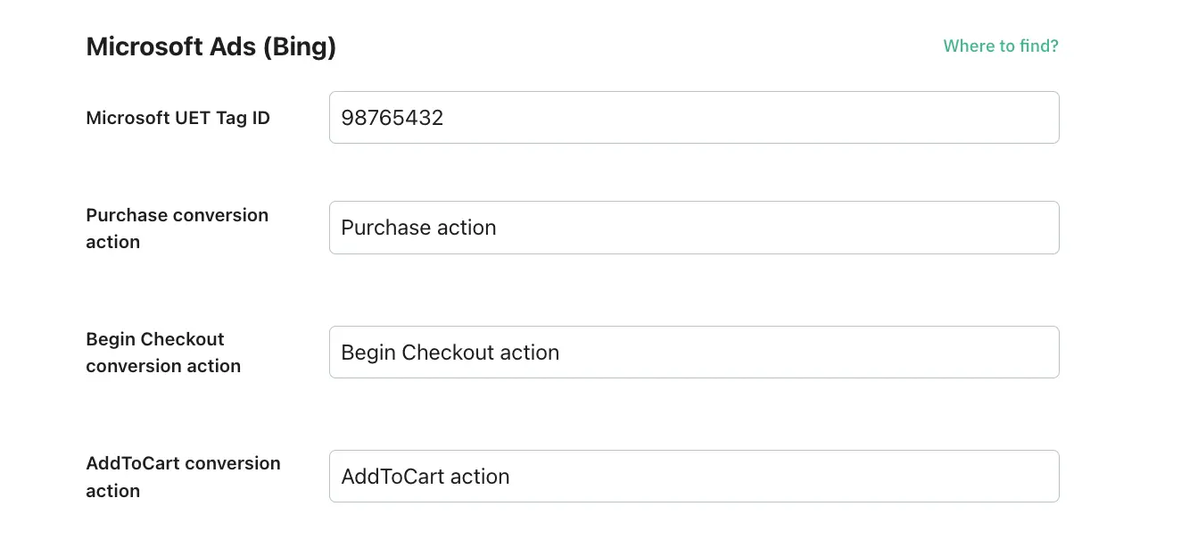 Microsoft fields configuration for the eCommerce type