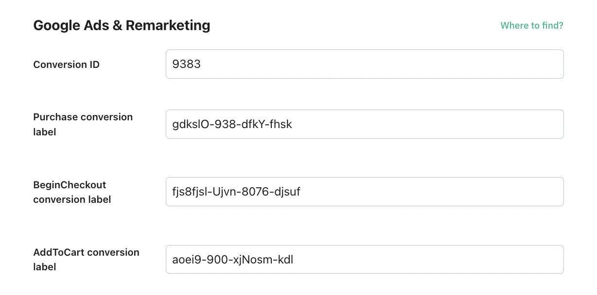 Google Ads fields configuration for the eCommerce type