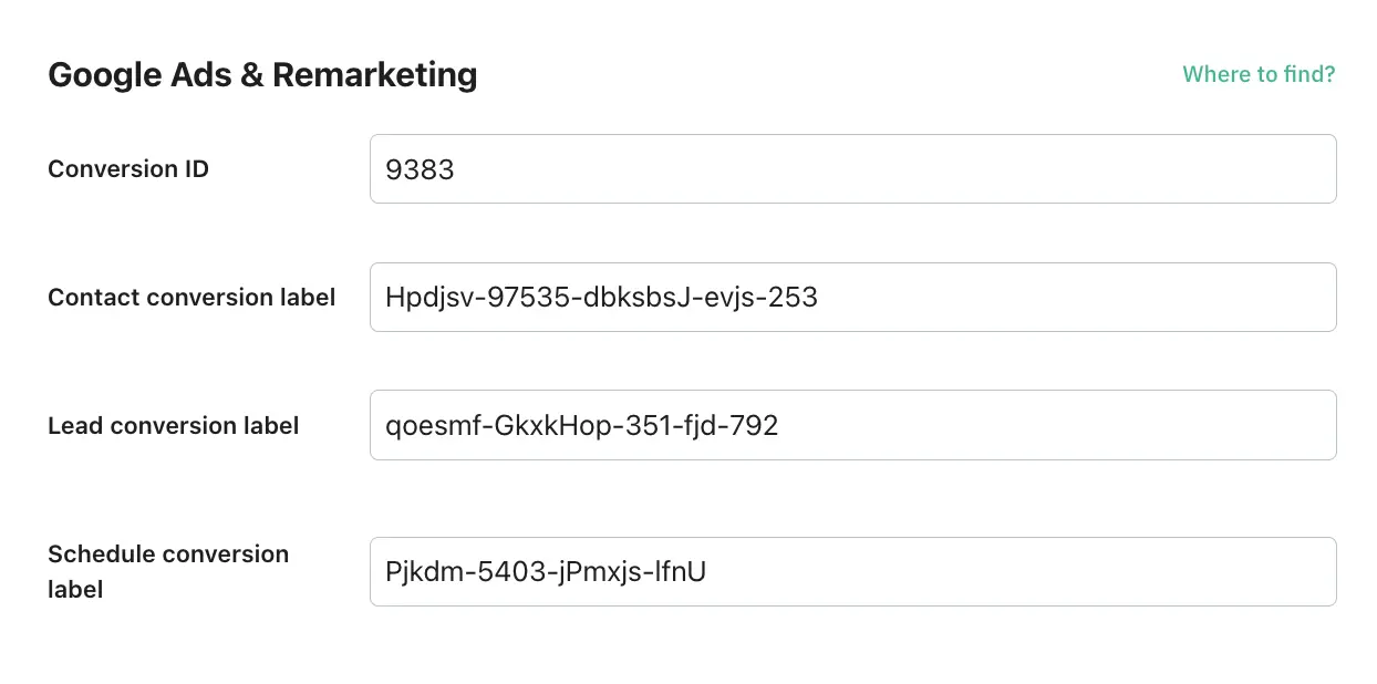 Google Ads fields configuration for lead generation type