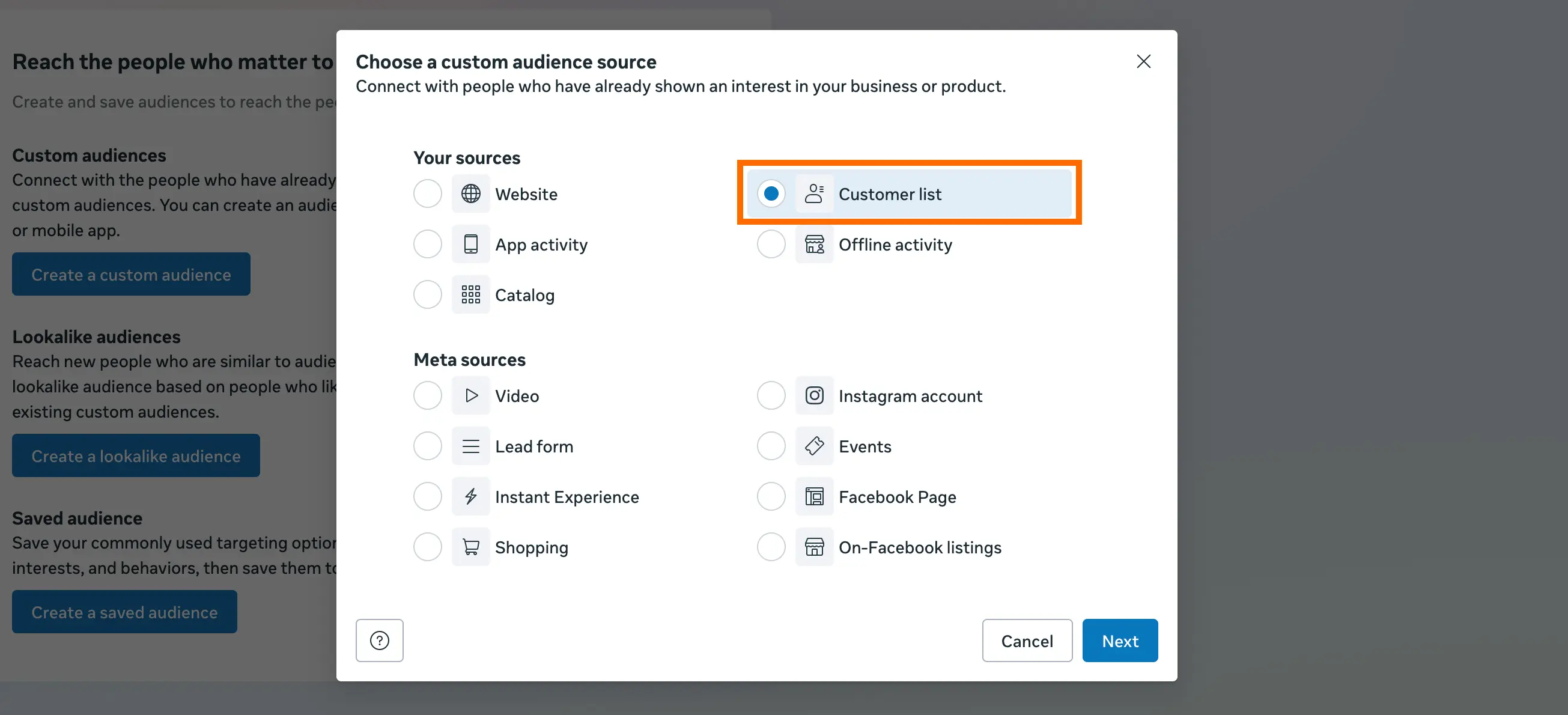 Customer List in Meta