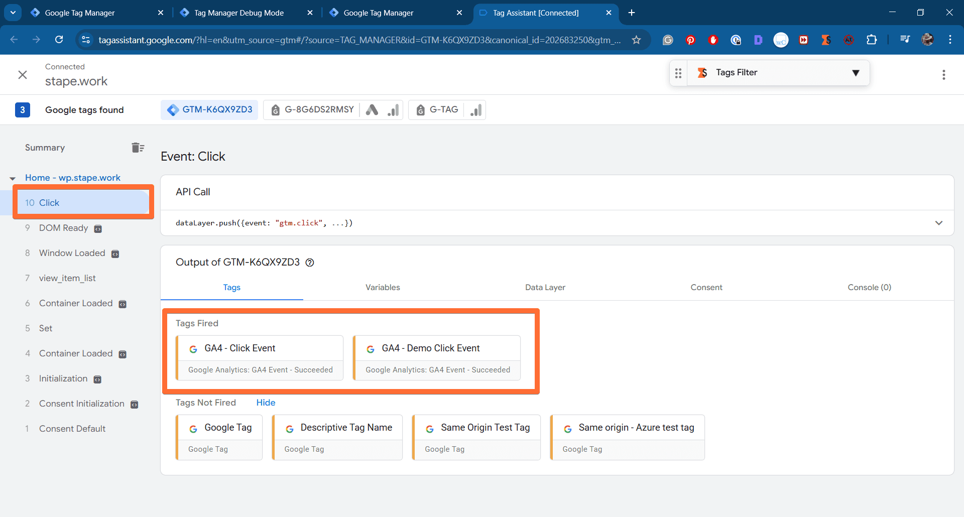 Tags Fired section in web GTM preview