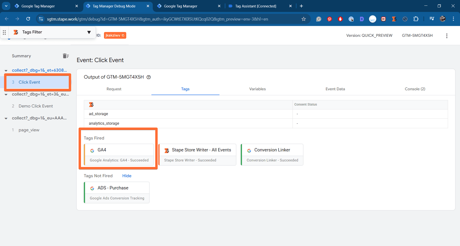 Tags Fired section in server GTM preview
