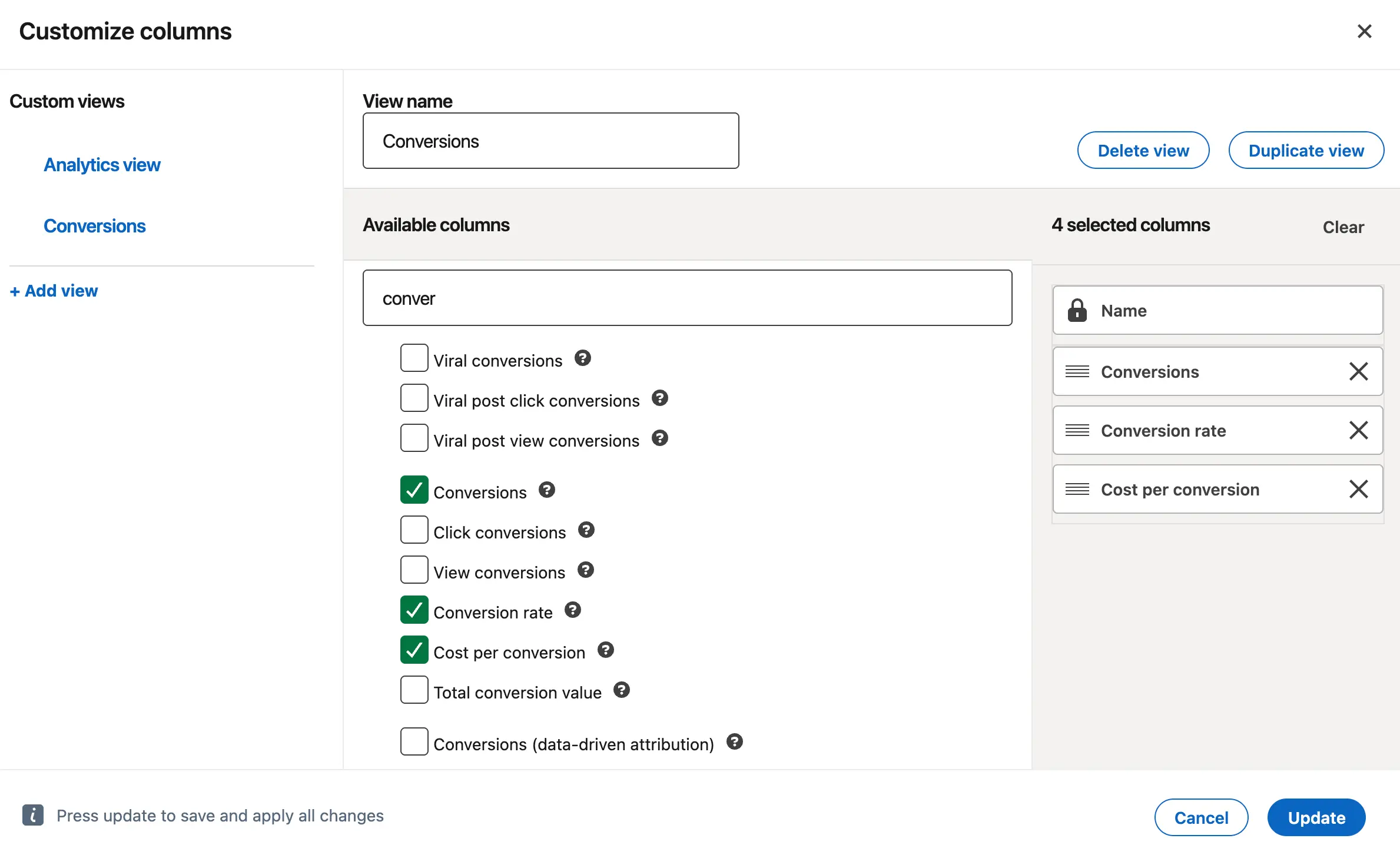 Reported conversions, conversion rate, and cost per conversion