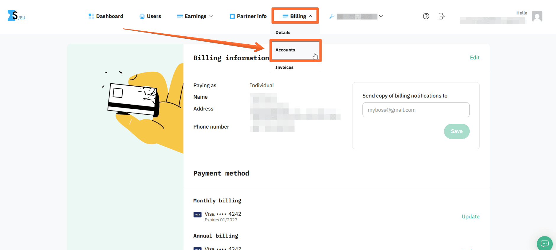 You can continue the setup by clicking Billing → Accounts