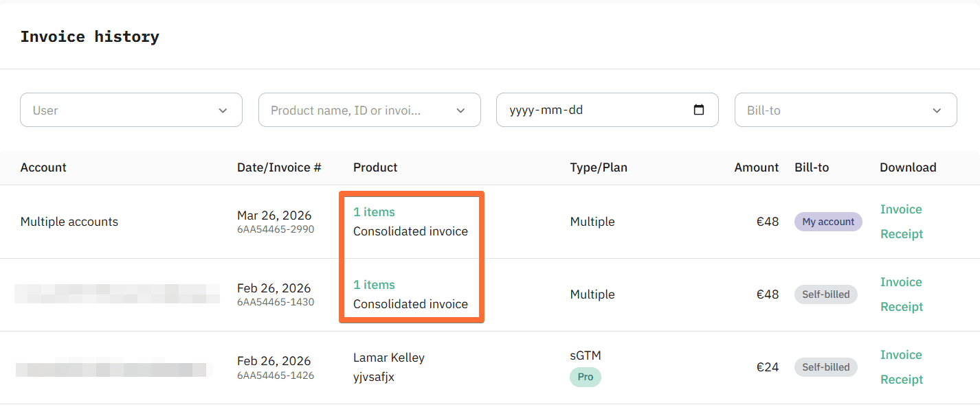 Which of your sub-accounts’ subscriptions were paid as consolidated invoices