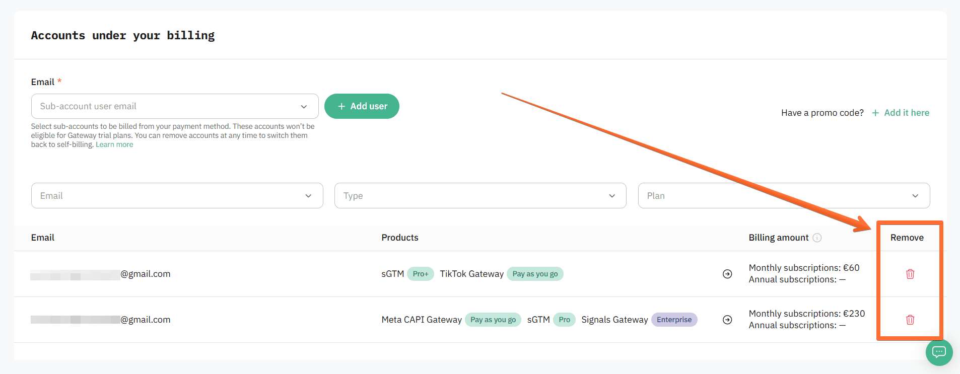 Removing accounts from your billing