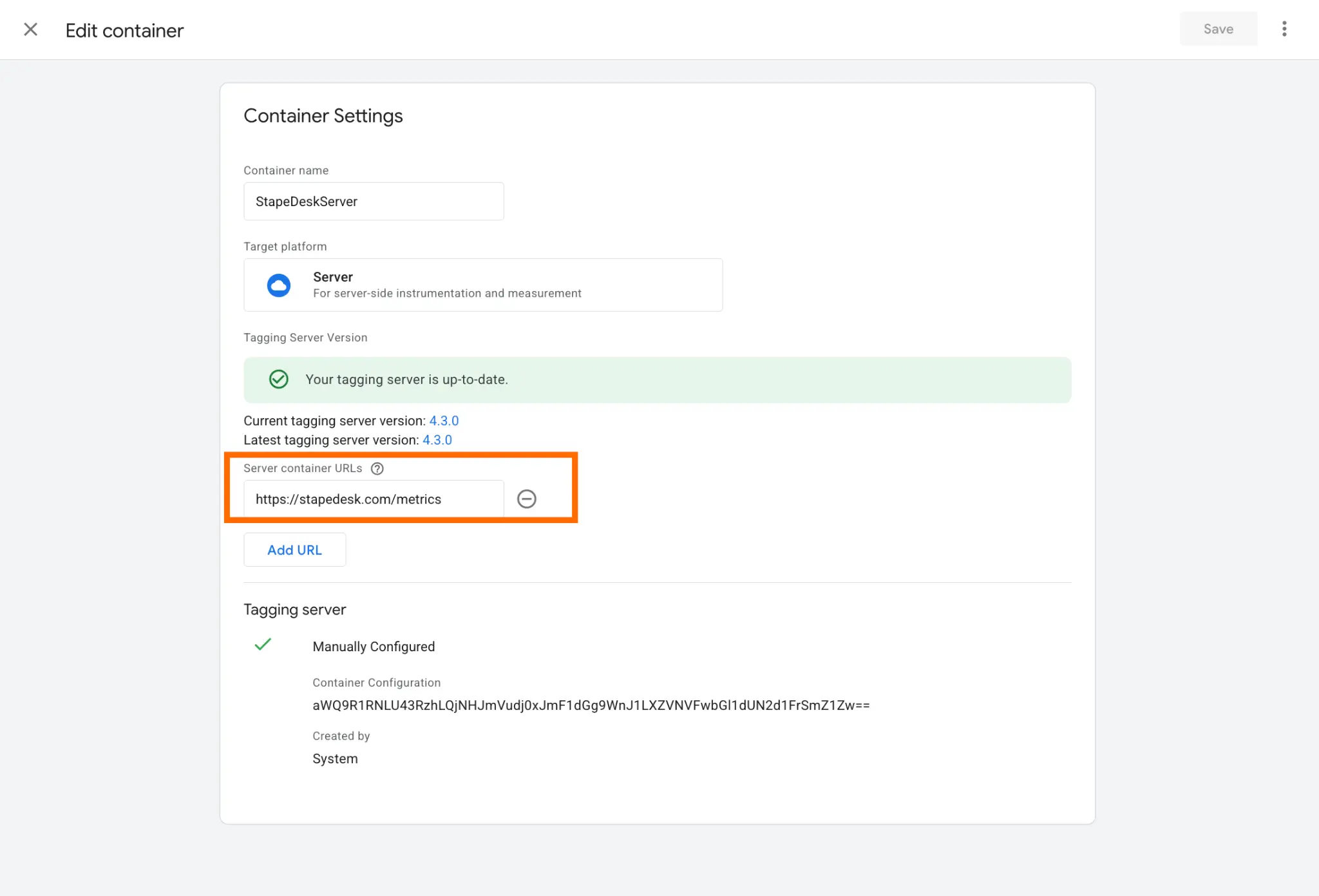 ingresa el path en Server container URLs