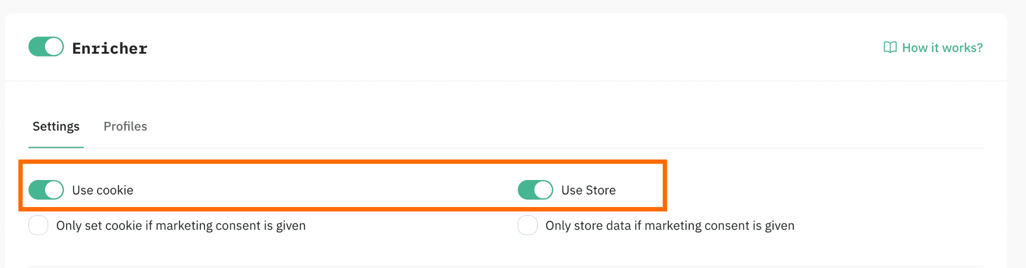 Select a method for storing user data by enabling the toggle next to the method