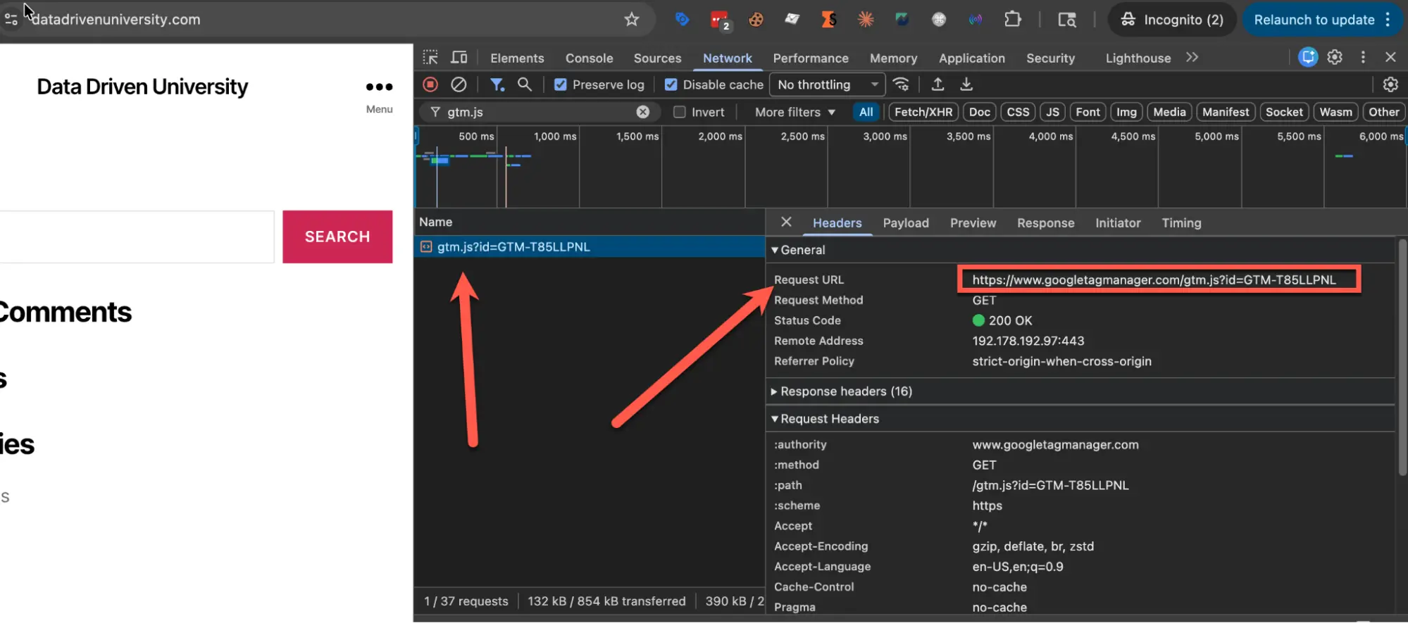 To show you this in action, here's what my web GTM container script looked like in DevTools before I added the sGTM container and had it load my web container.