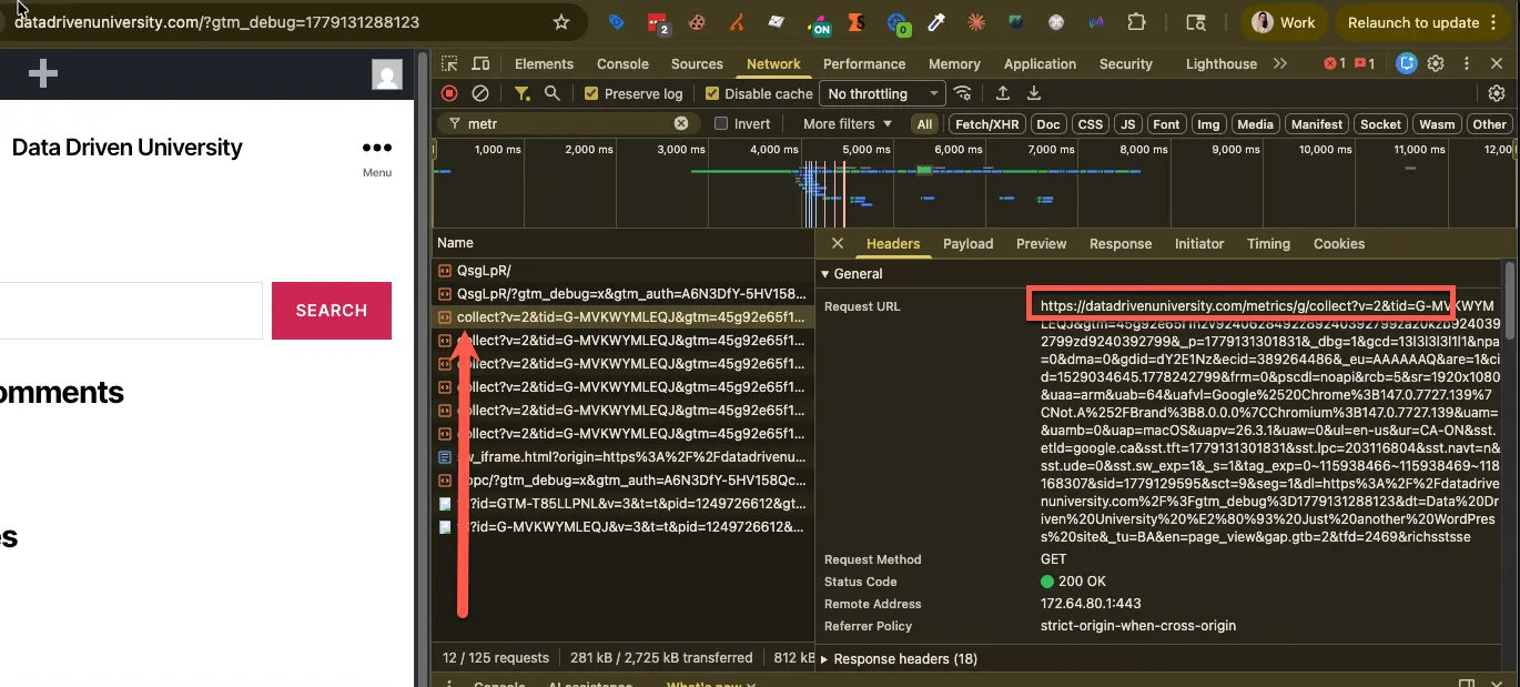 After setting the server container URL in my GTM web container config tag and configuring a GA4 client and tag in my sGTM container, my collects now flow through the sGTM server.