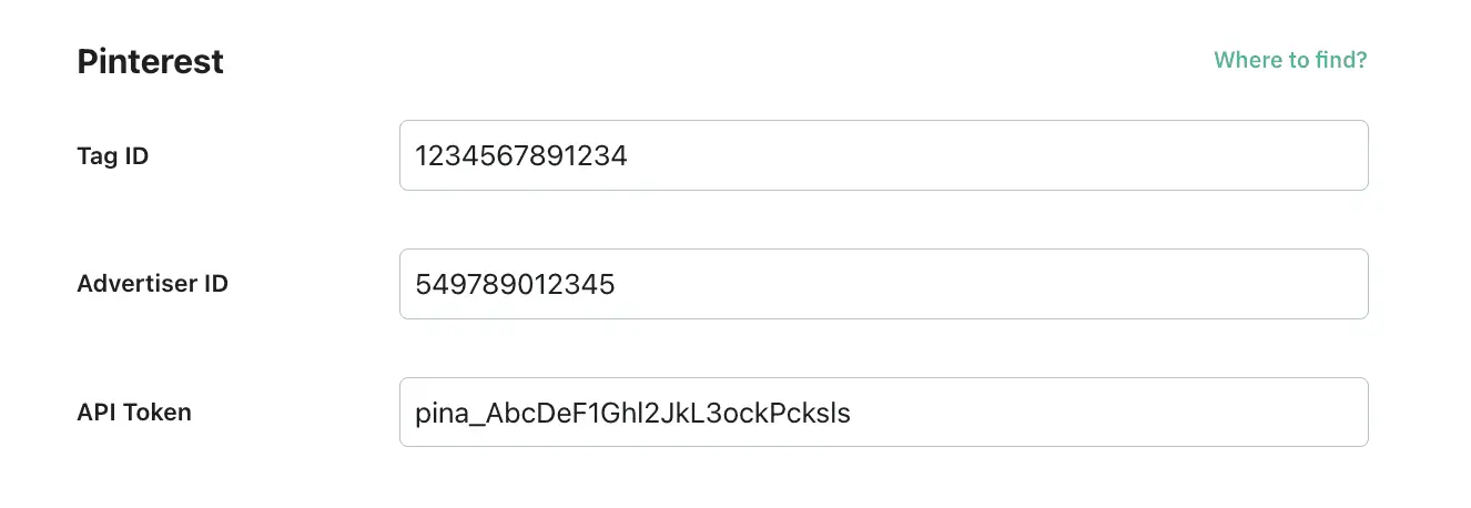 Example of Pinterest fields configuration