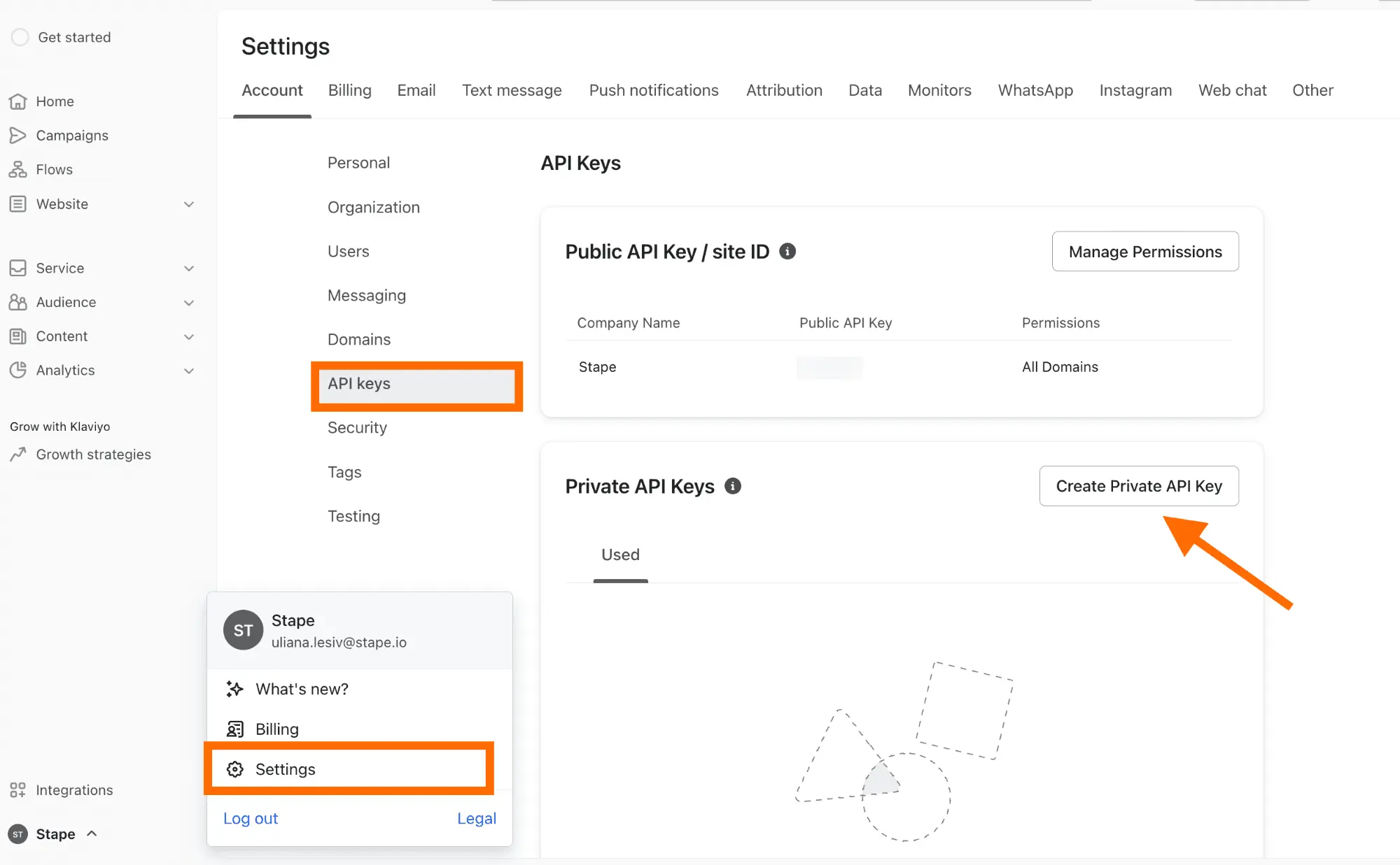 Create Klaviyo Private Key