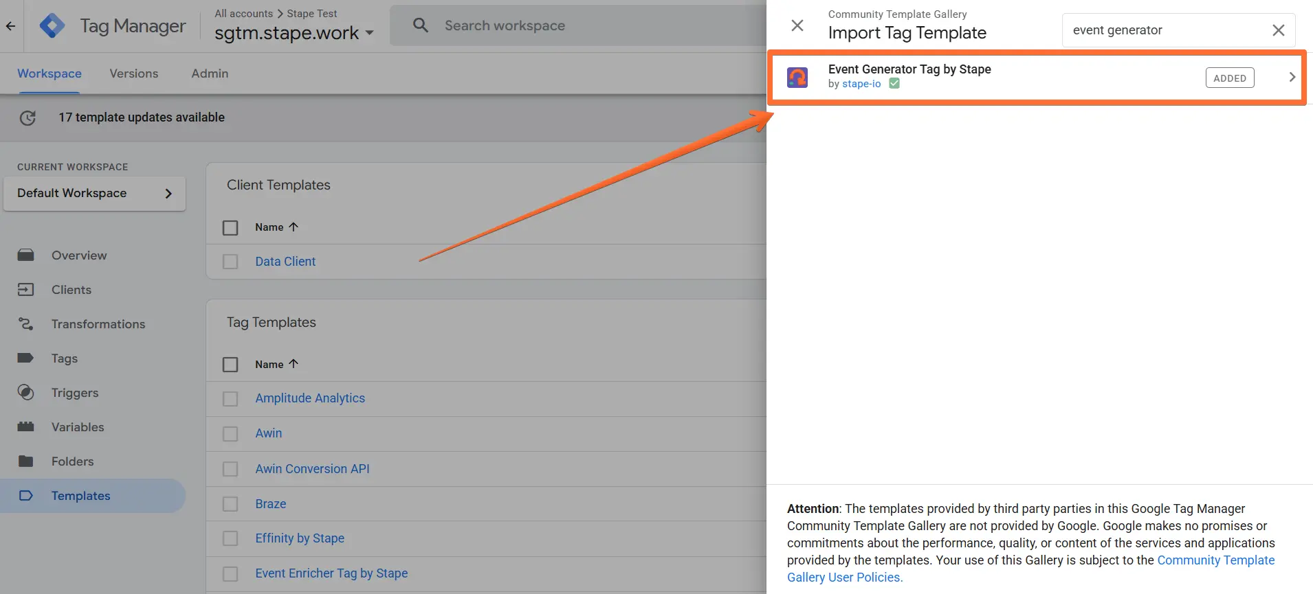 Search for Event Generator Tag by Stape