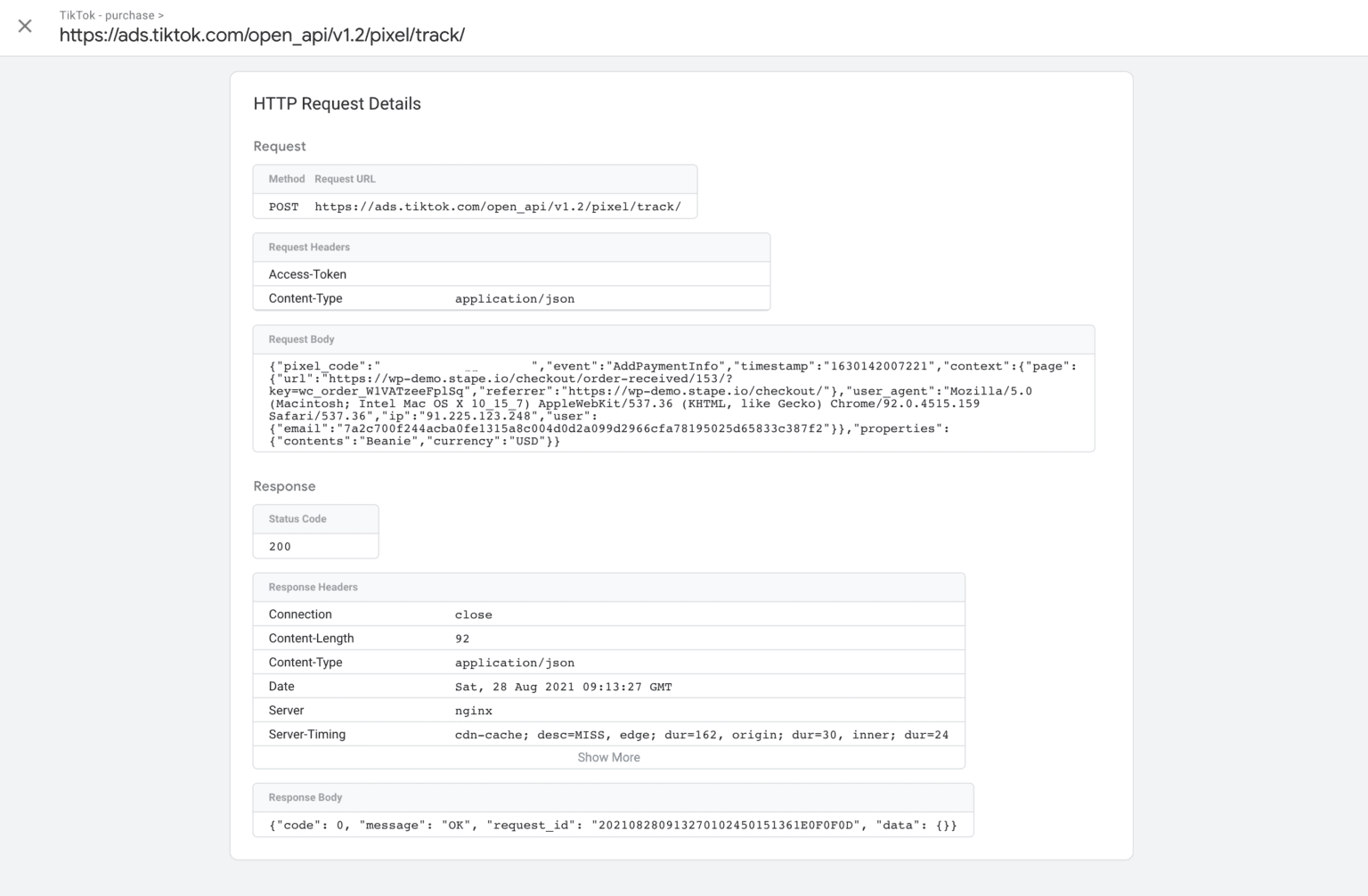 TikTok HTTP request details