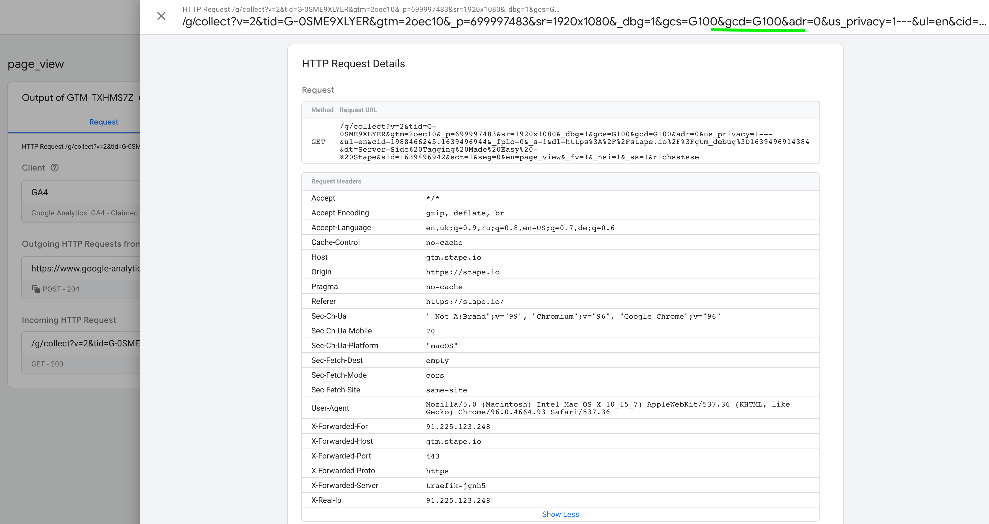 check server GA4 consent status gcs=G100