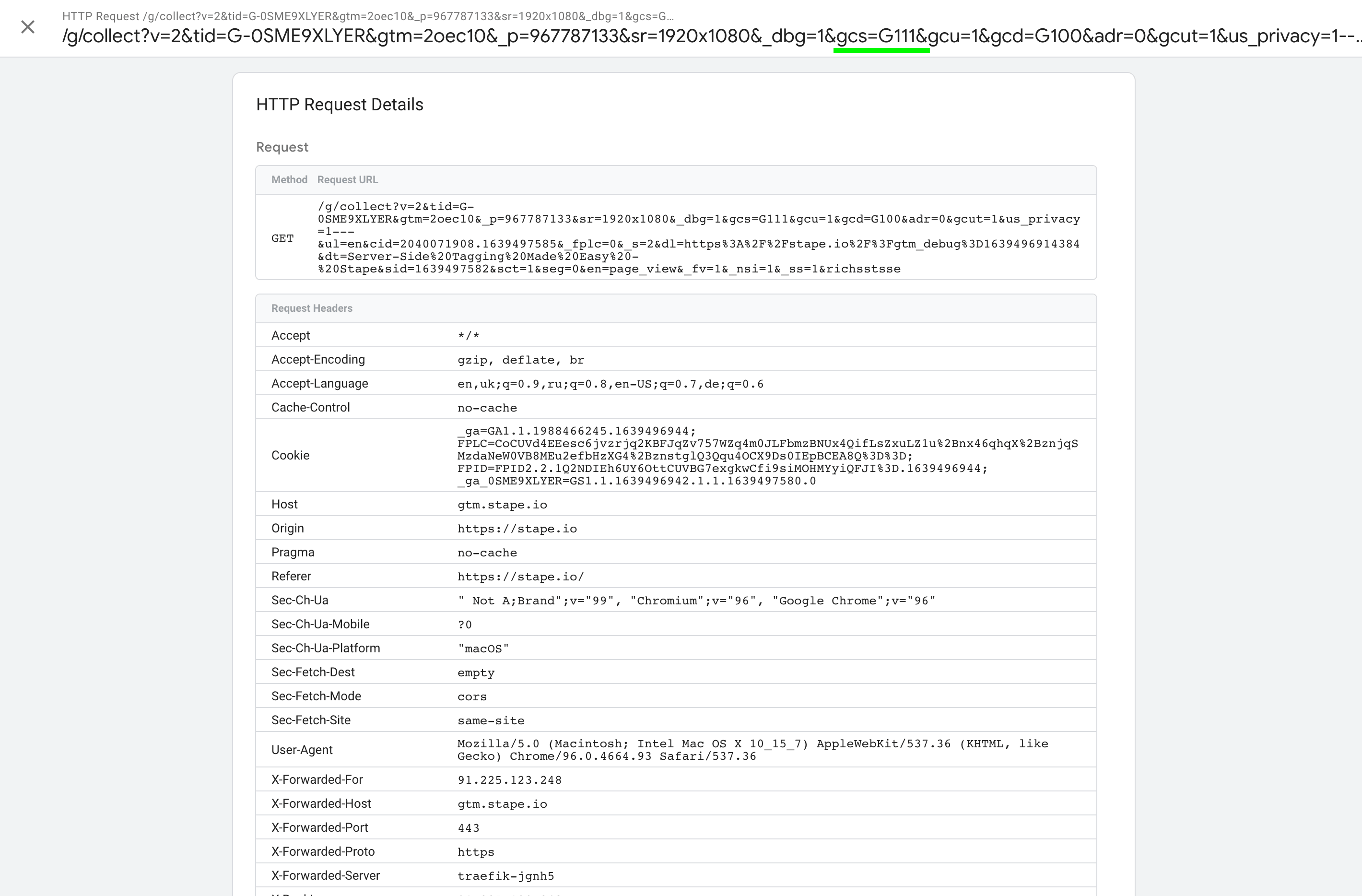 server Google Analytics 4 consent status gcs=G111