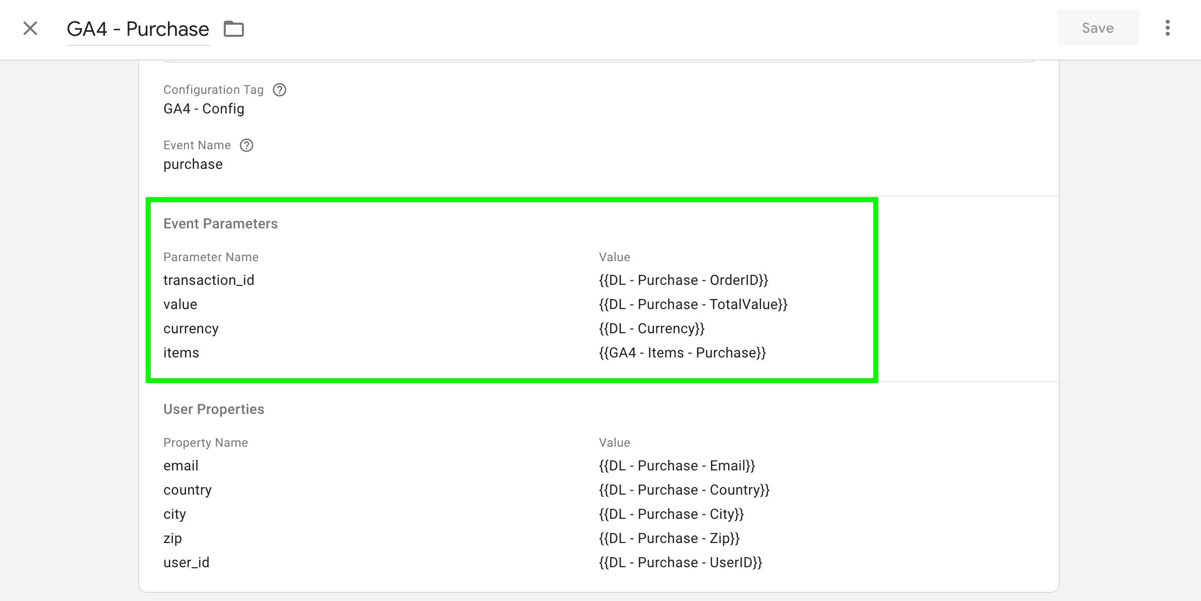 configured product data inside the Google Analytic 4 tags