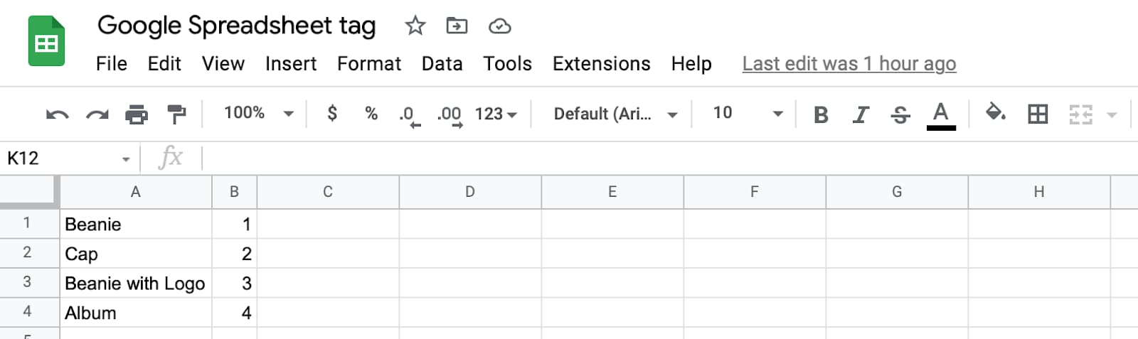 google sheet tag
