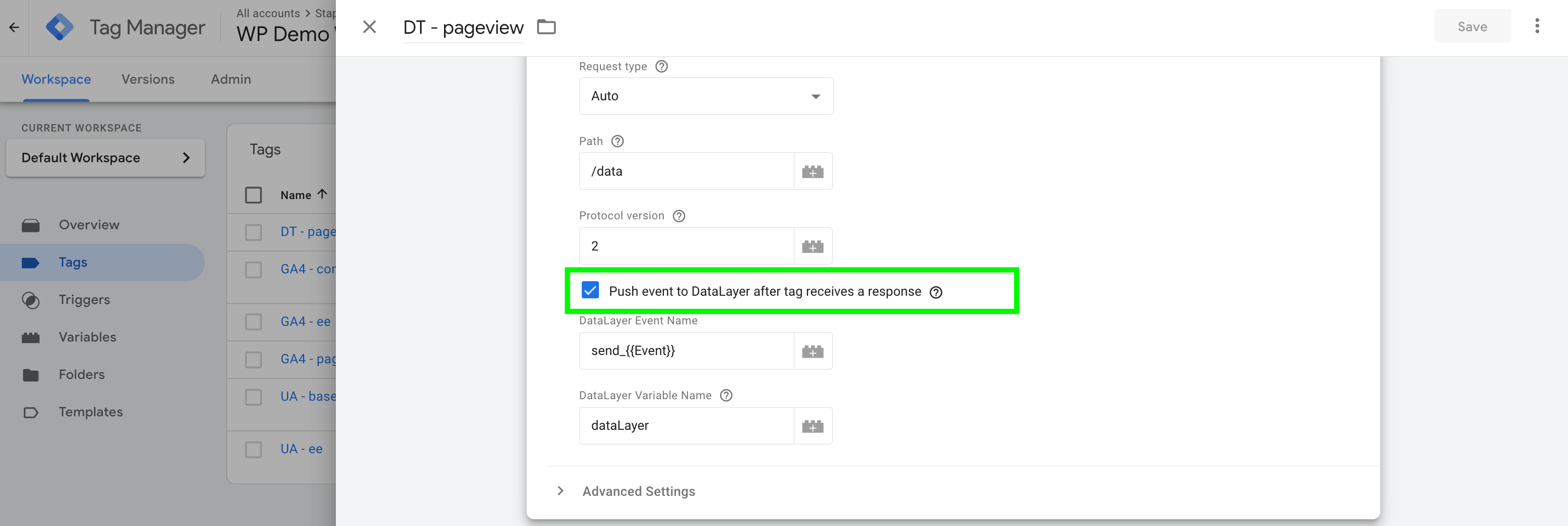 Push event to DataLayer after the tag receives a response