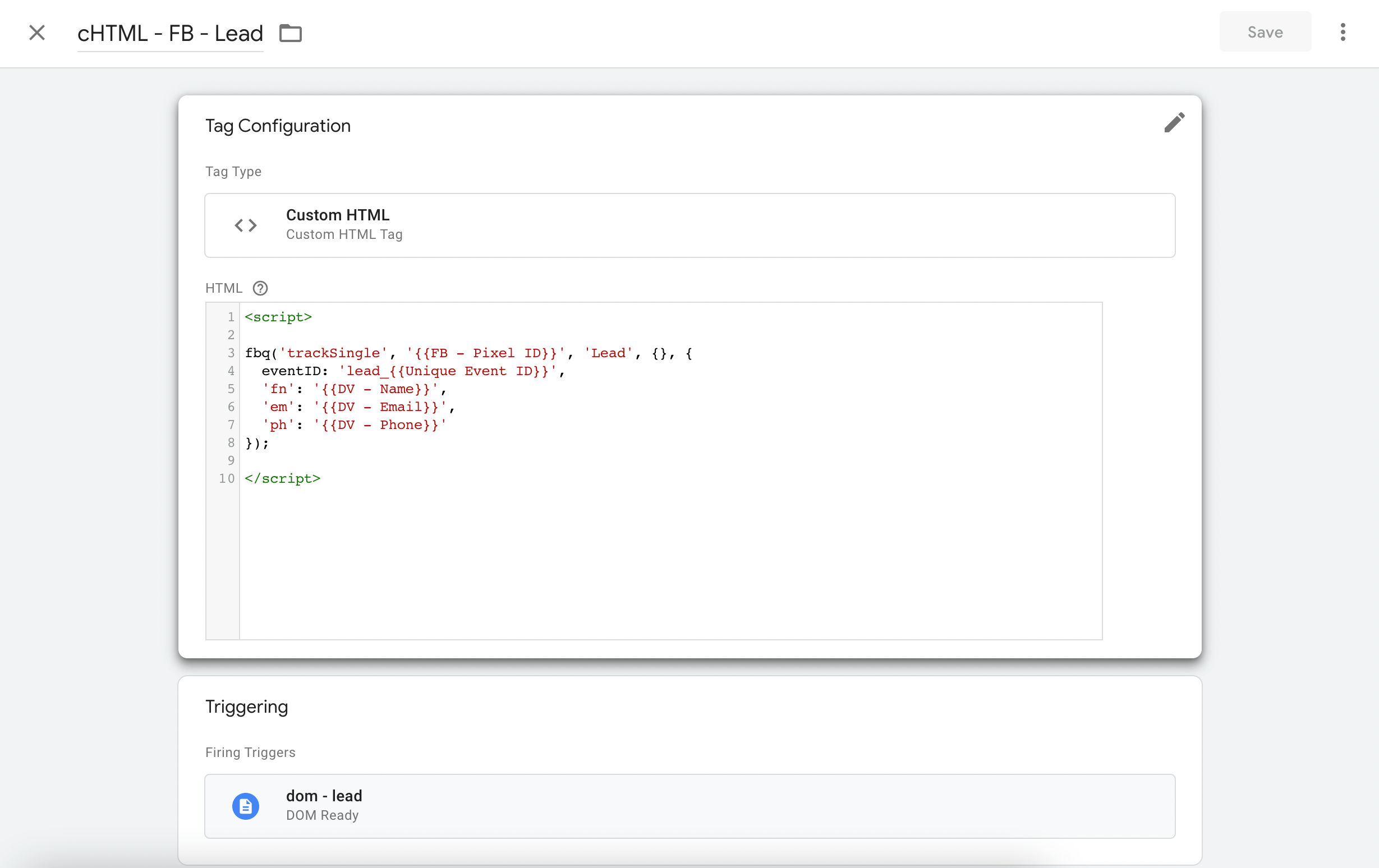 Facebook lead event custom html