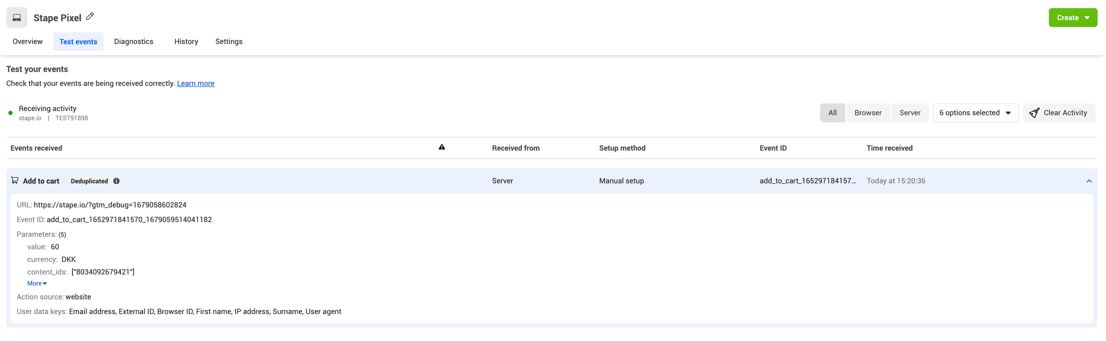 teste event in facebook testing tool