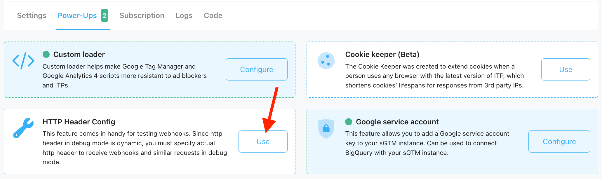 http header config power-up at stape