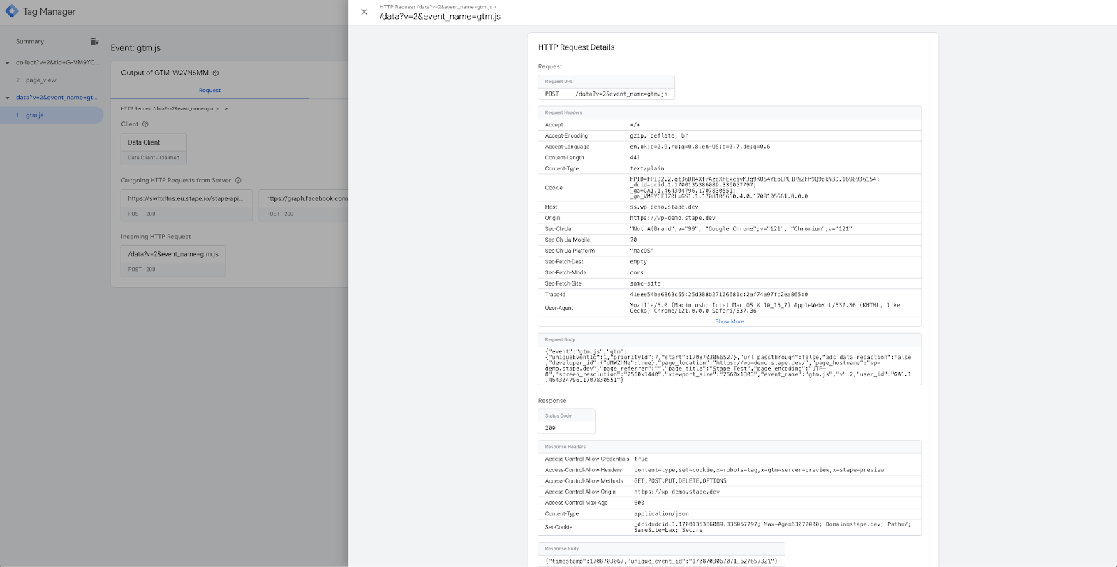Request tab in server GTM debugger - Stape