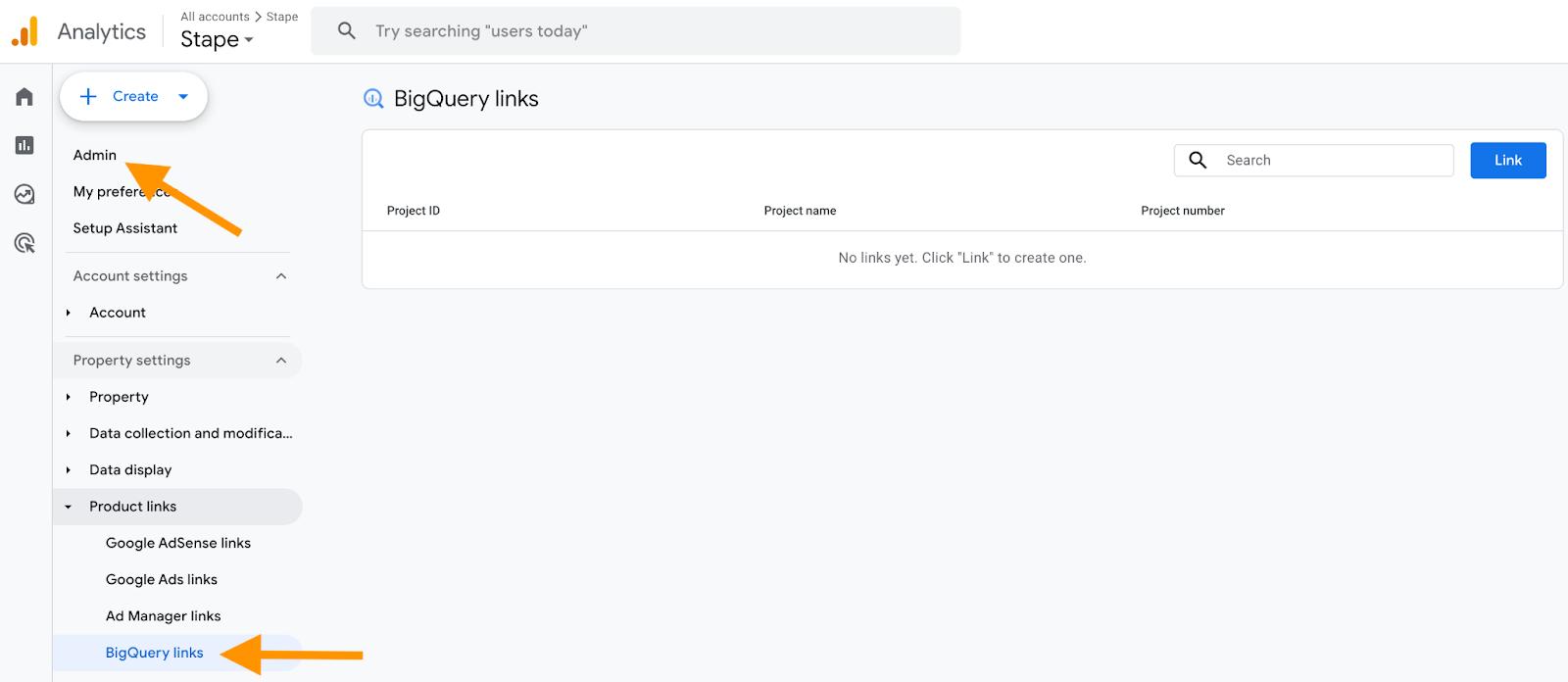 BigQuery links in Google Analytics account