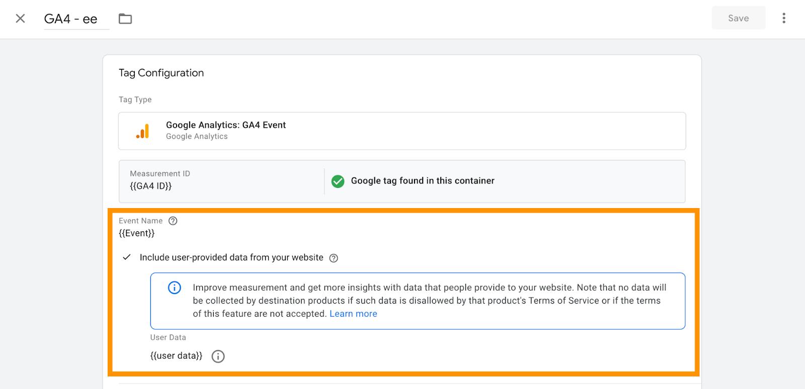 Configure User-Provided Data variable in web GTM and add it to GA4 tag settings