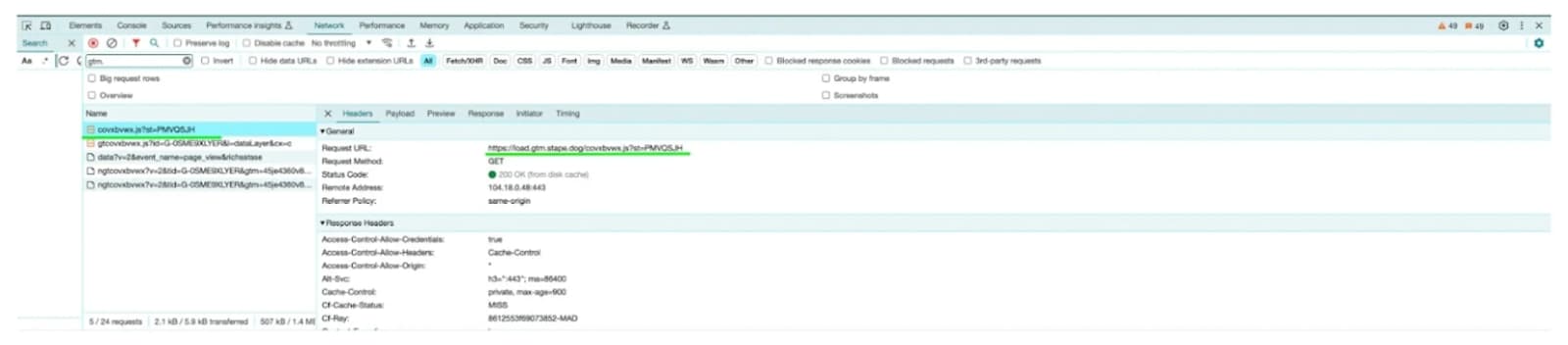 Die URL der Google Tag Manager-Anfrage sollte wie folgt aussehen