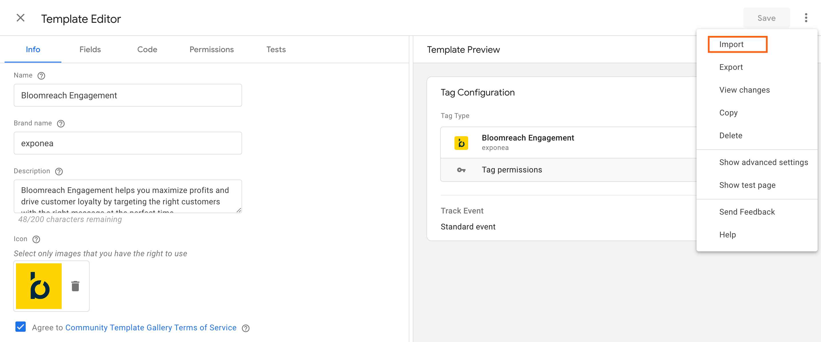 Import Bloomreach tag template