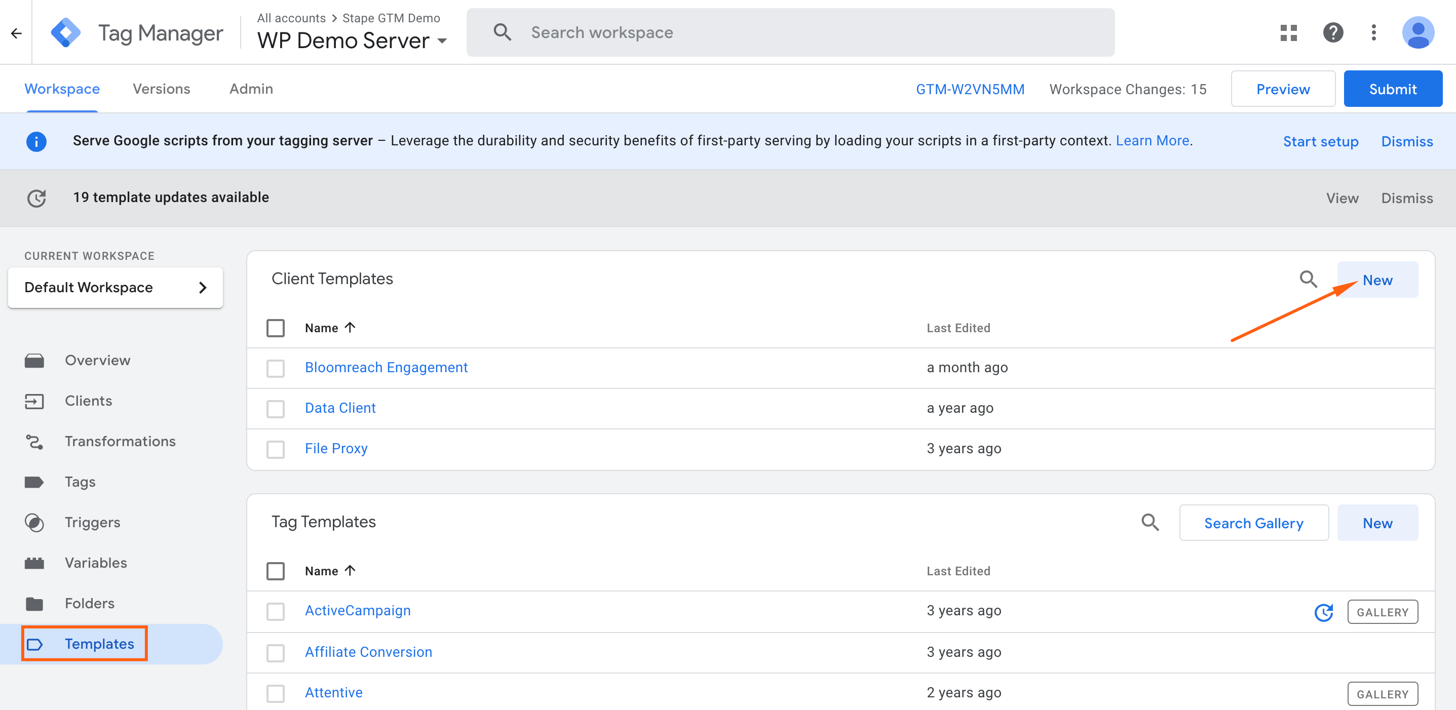 Add new client template to GTM server container