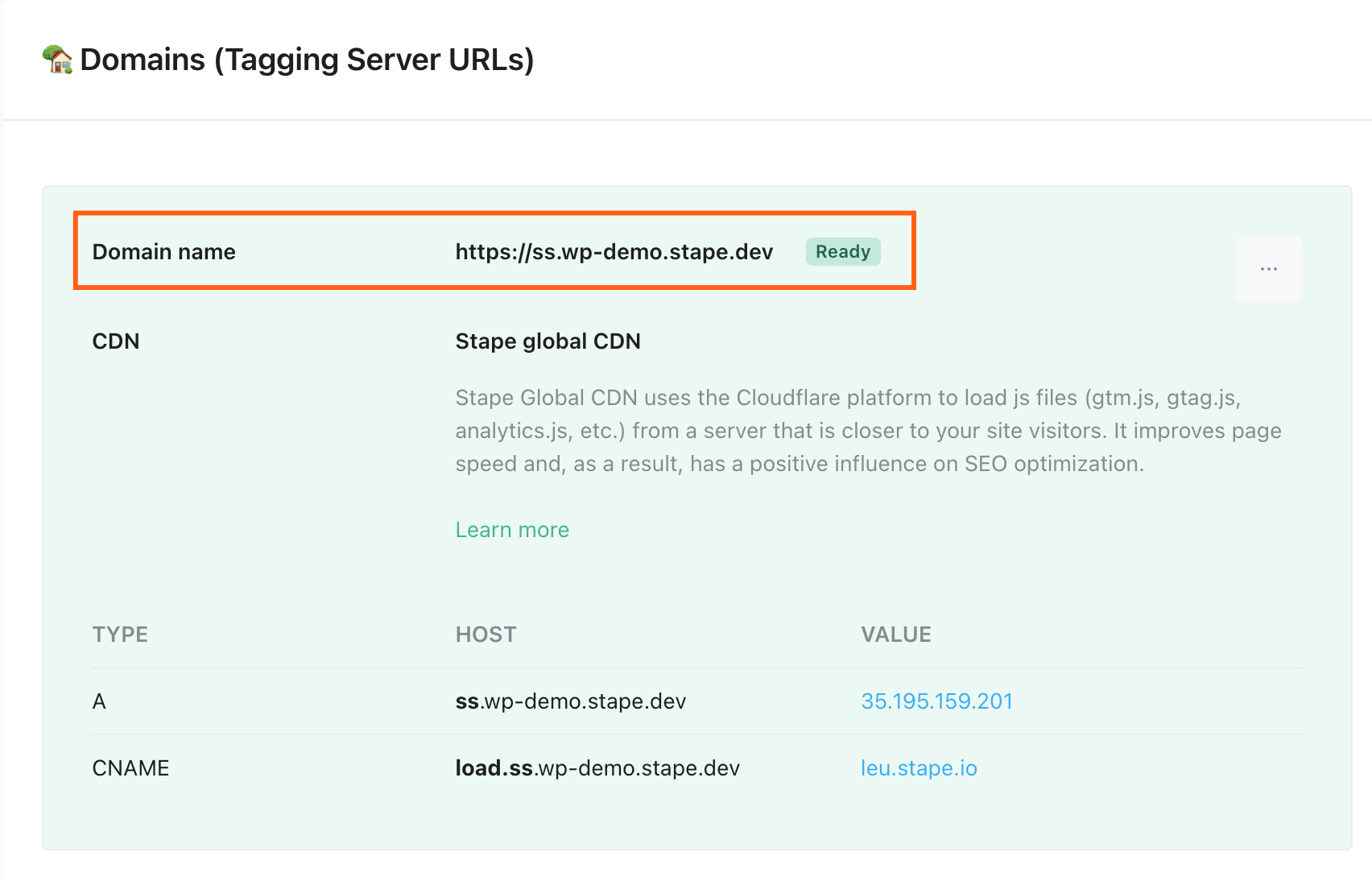 Domain name in Stape admin