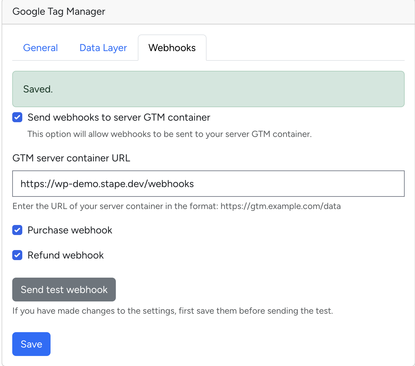 Webhooks tab for Stape Conversion Tracking app