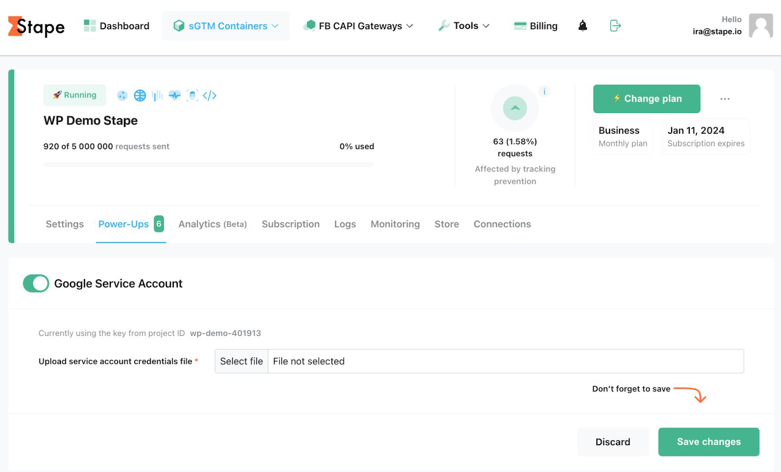 Log in to your Stape account. Open your sGTM container and click the Power-ups tab. Find Google Service Account and click Use.