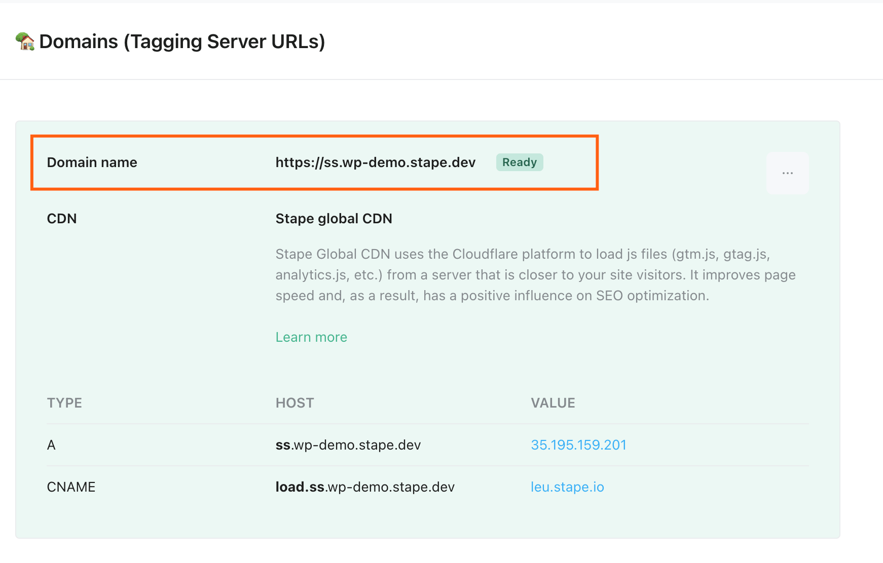 Domain name in Stape admin