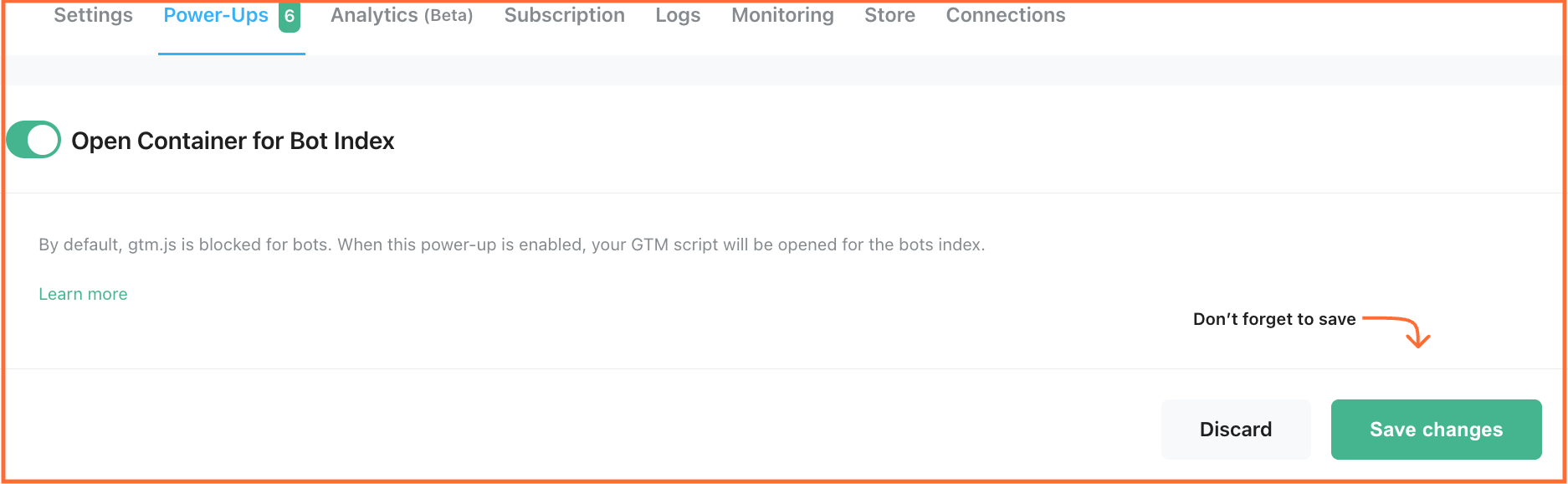Open Container for Bot Index - Stape power-up