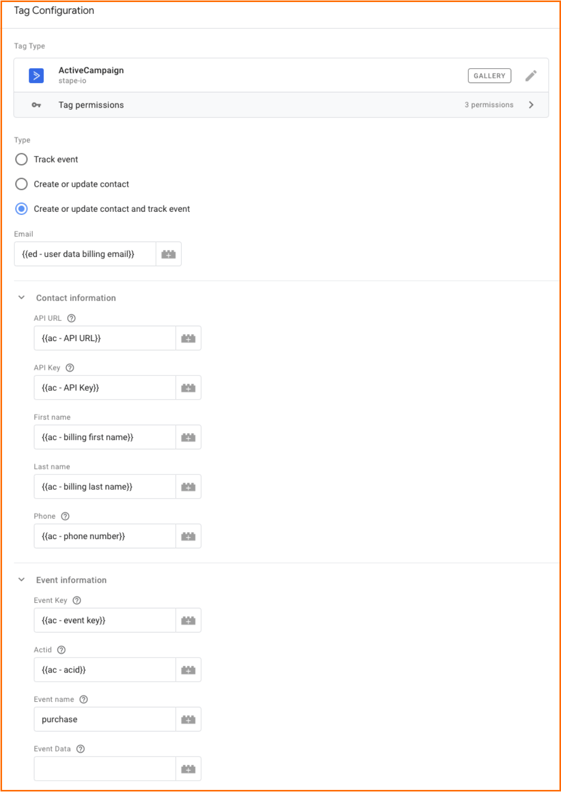 Example of ActiveCampaign tag configuration