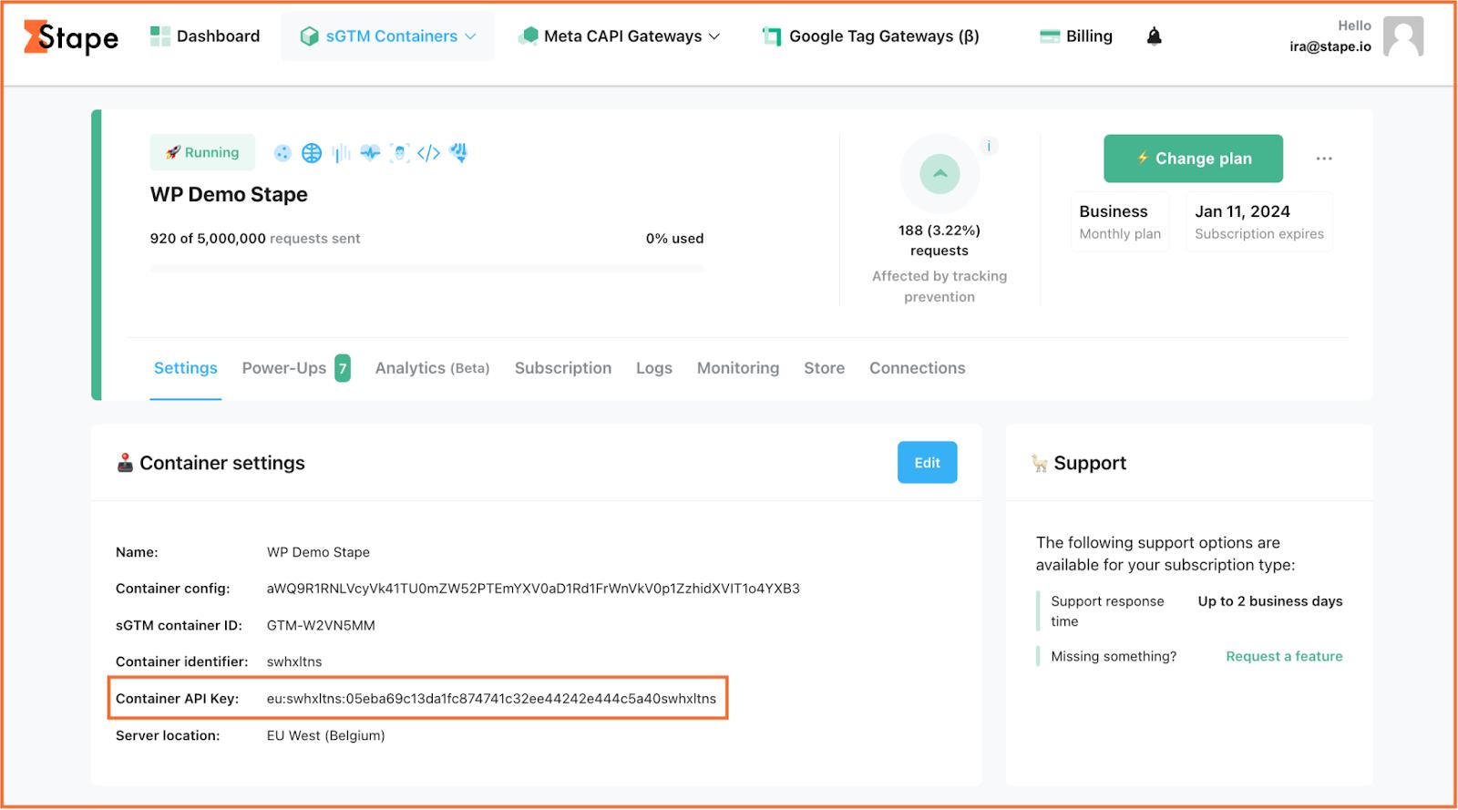 Clé API du conteneur Stape
