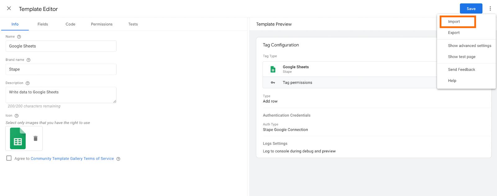 Import Google Sheets tag