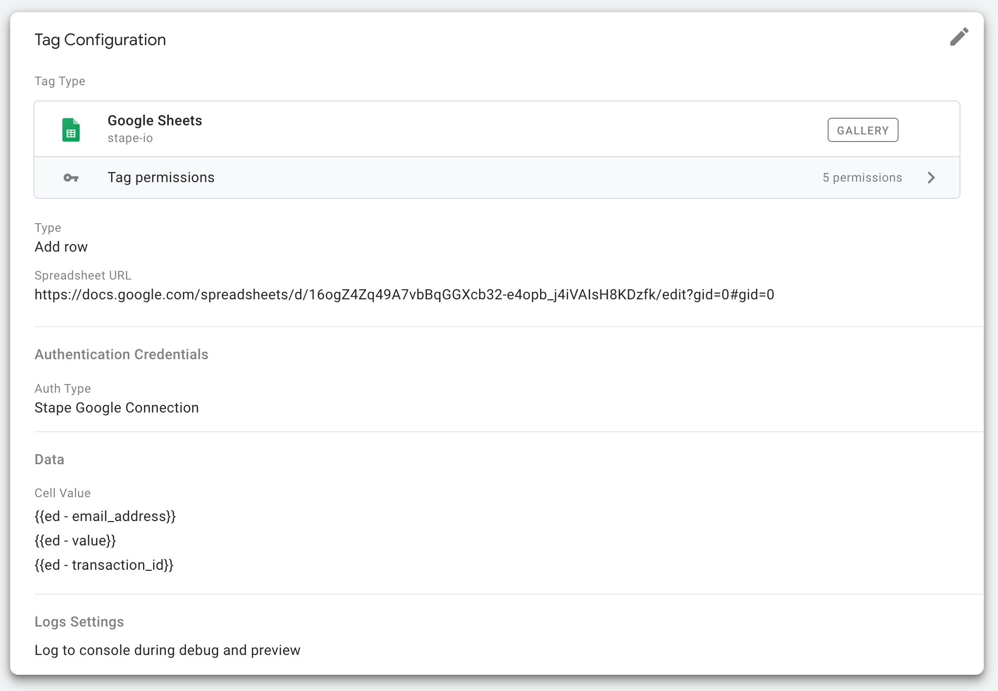 google sheets tag configuration