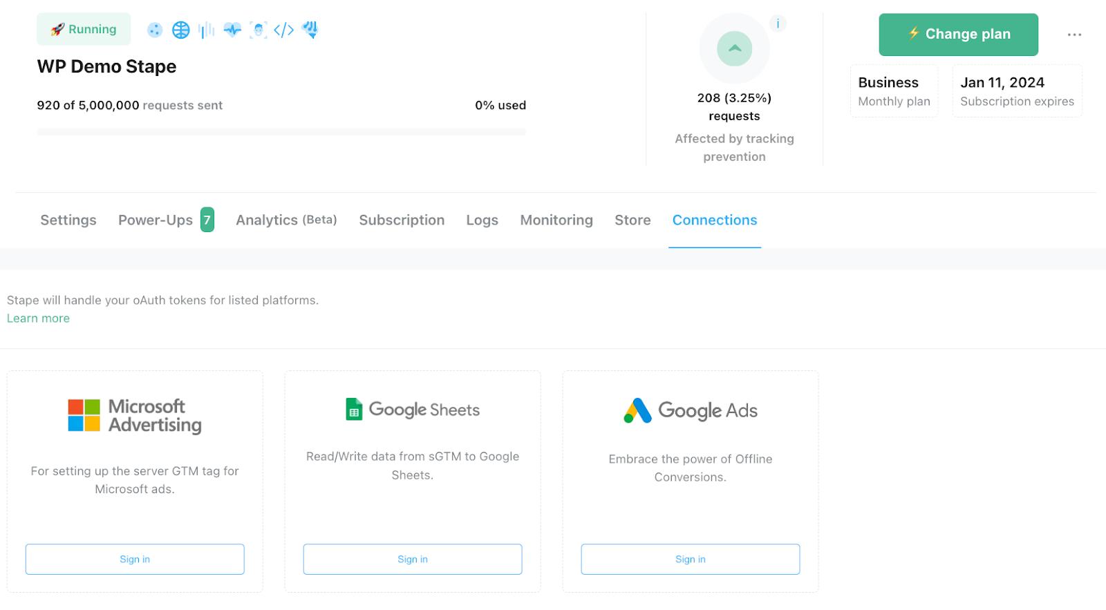 Connections dashboard