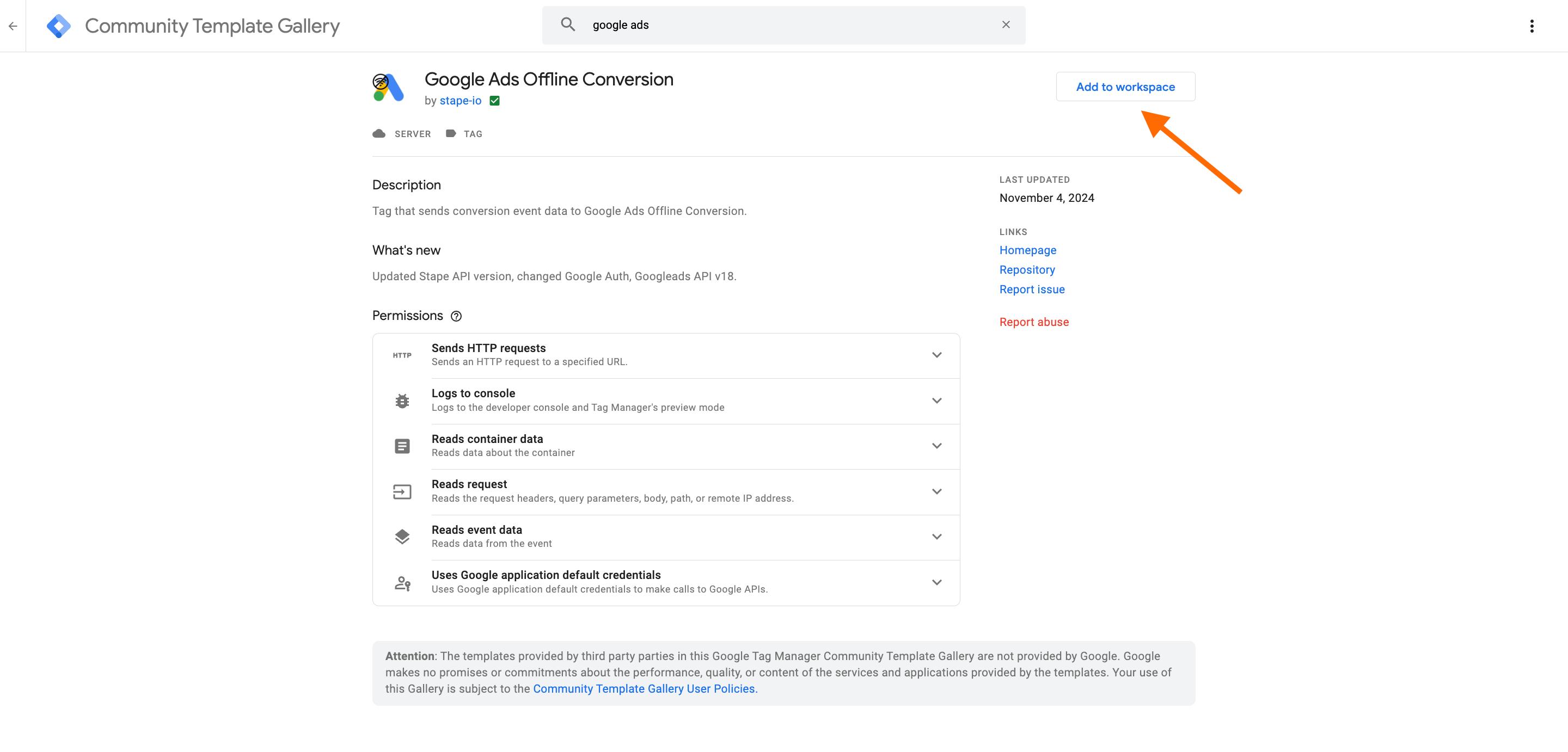 Ajouter la balise Google Ads Offline Conversion à partir de la galerie de modèles