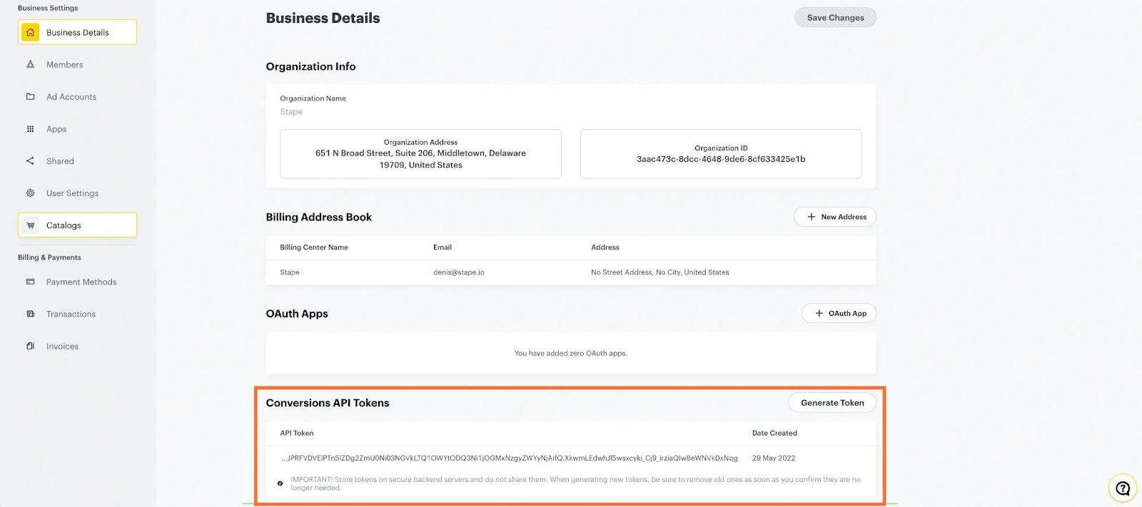 Conversions API Tokens section