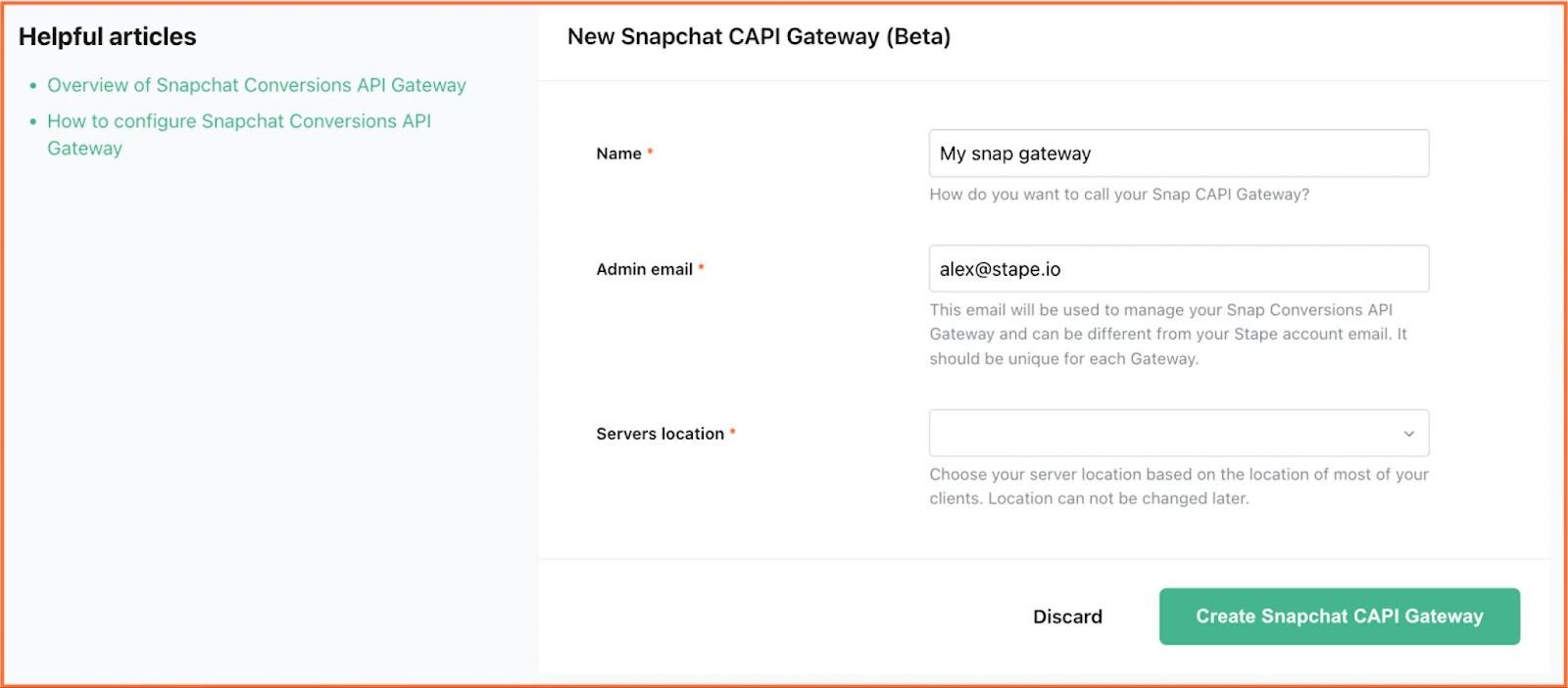 Click "Create Snapchat CAPI Gateway"